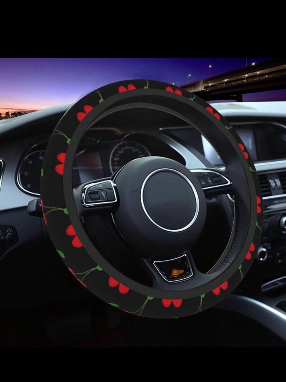 Black Steering Wheel Cover with Red Cherry Floral Accents